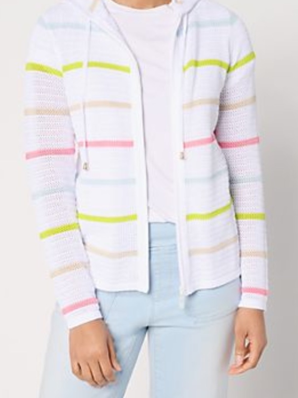 Belle by Kim Gravel White Hooded Zip Cardigan with Pastel Stripe Accents
